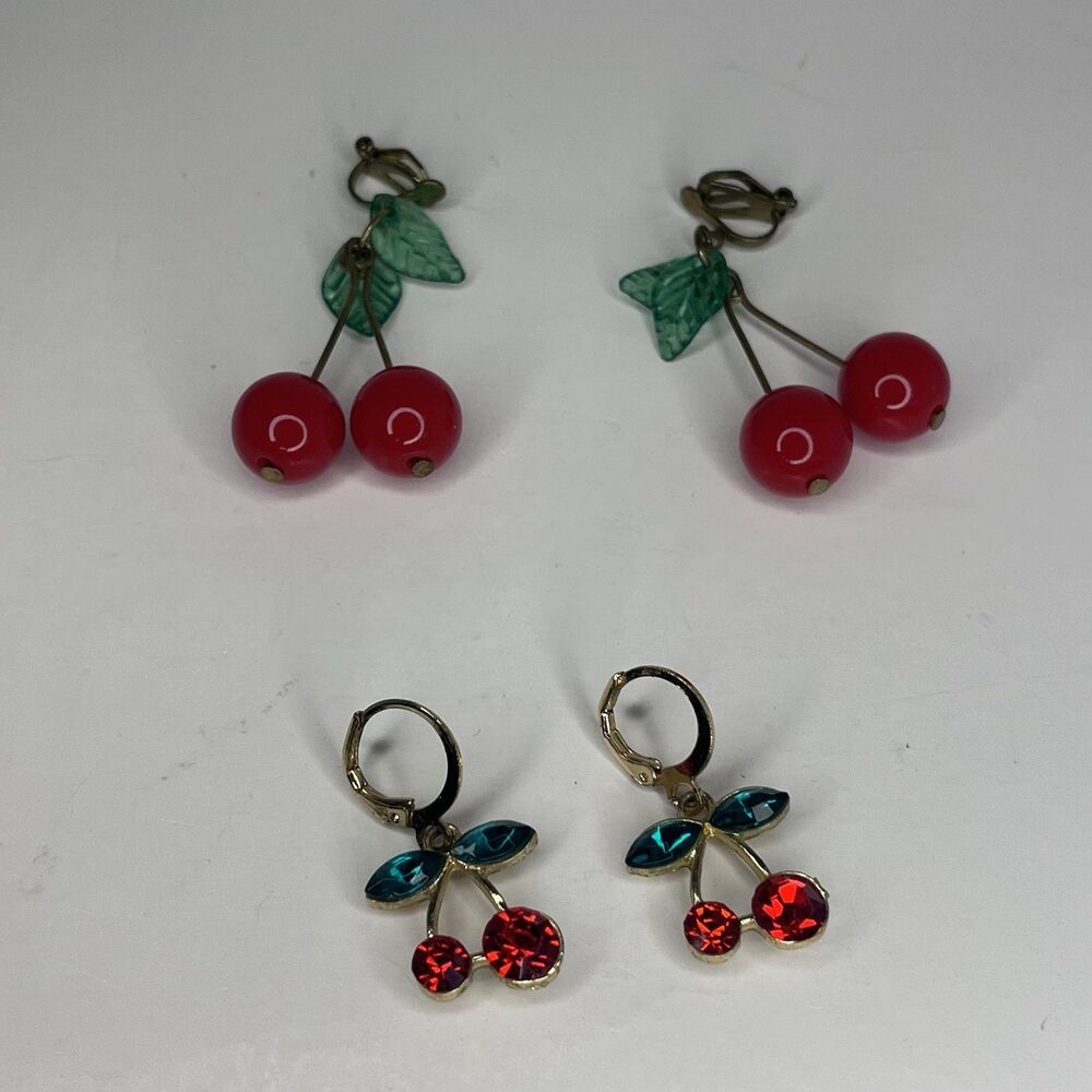 2 Sets Of Red Cherry Earrings Hoop Charm Cherry Earrings And Clip on Cherry